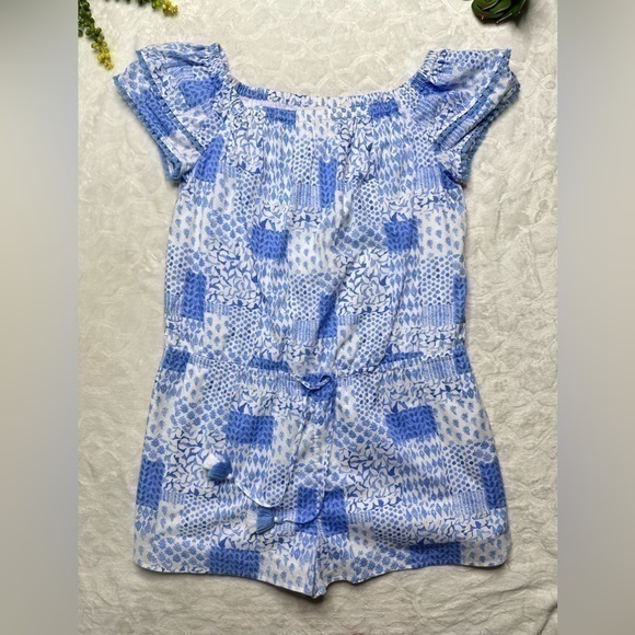 Vineyard Vines Painted Patchwork Ruffle Off The Shoulder Romper in Hydrangea L - Picture 1 of 15